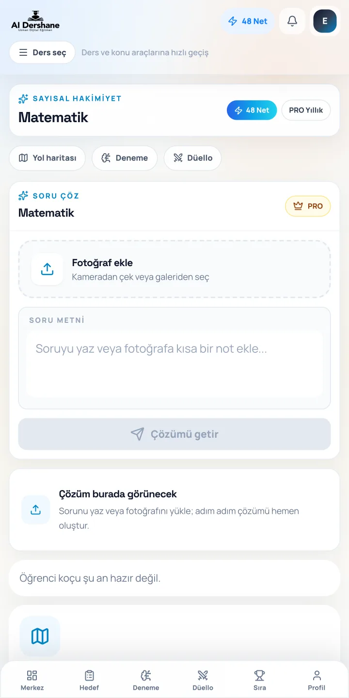Aidershane yapay zekâ ile soru çözümü mobil uygulama ekranı