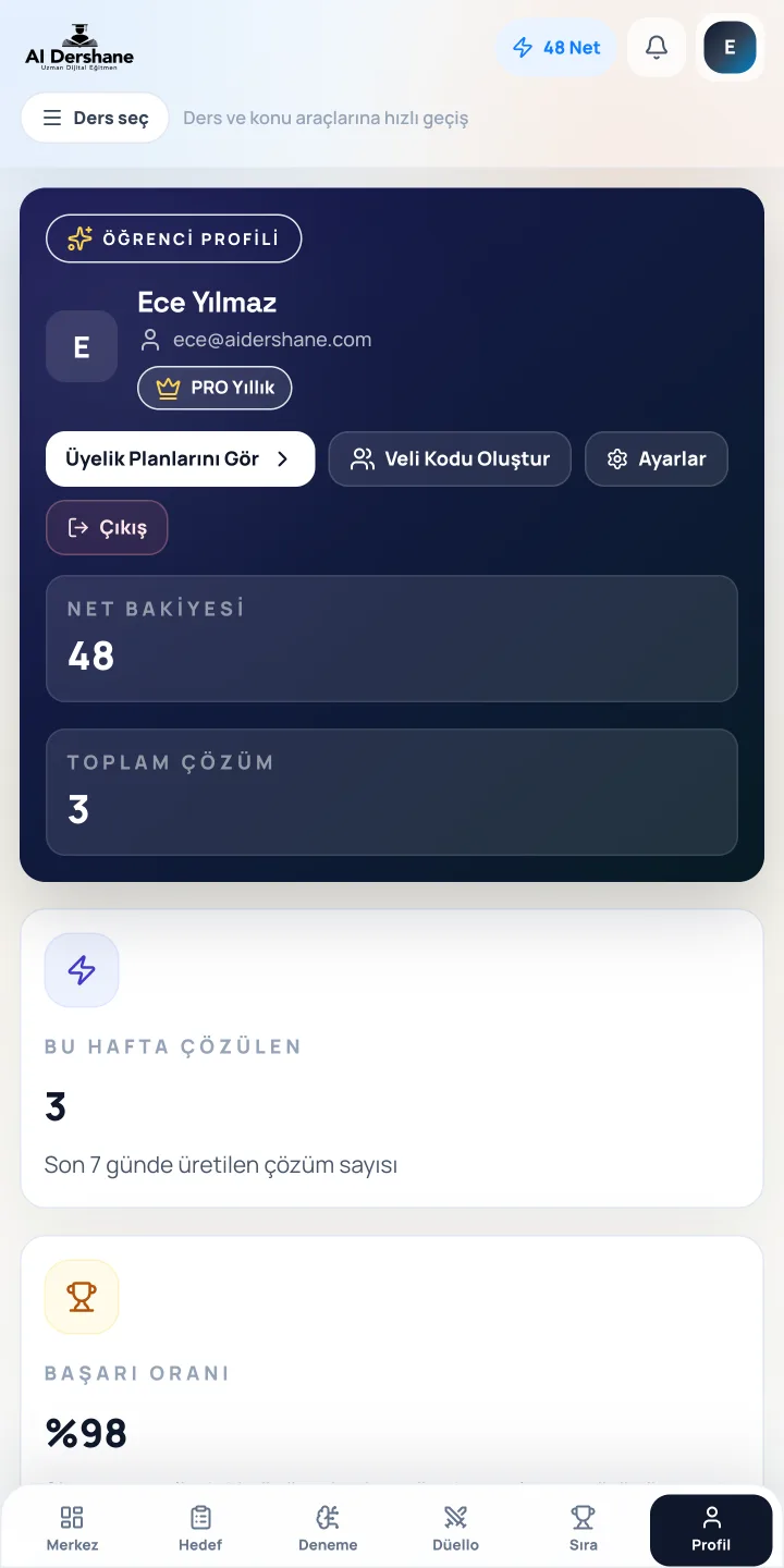 Öğrenci profil ve gelişim ekranı