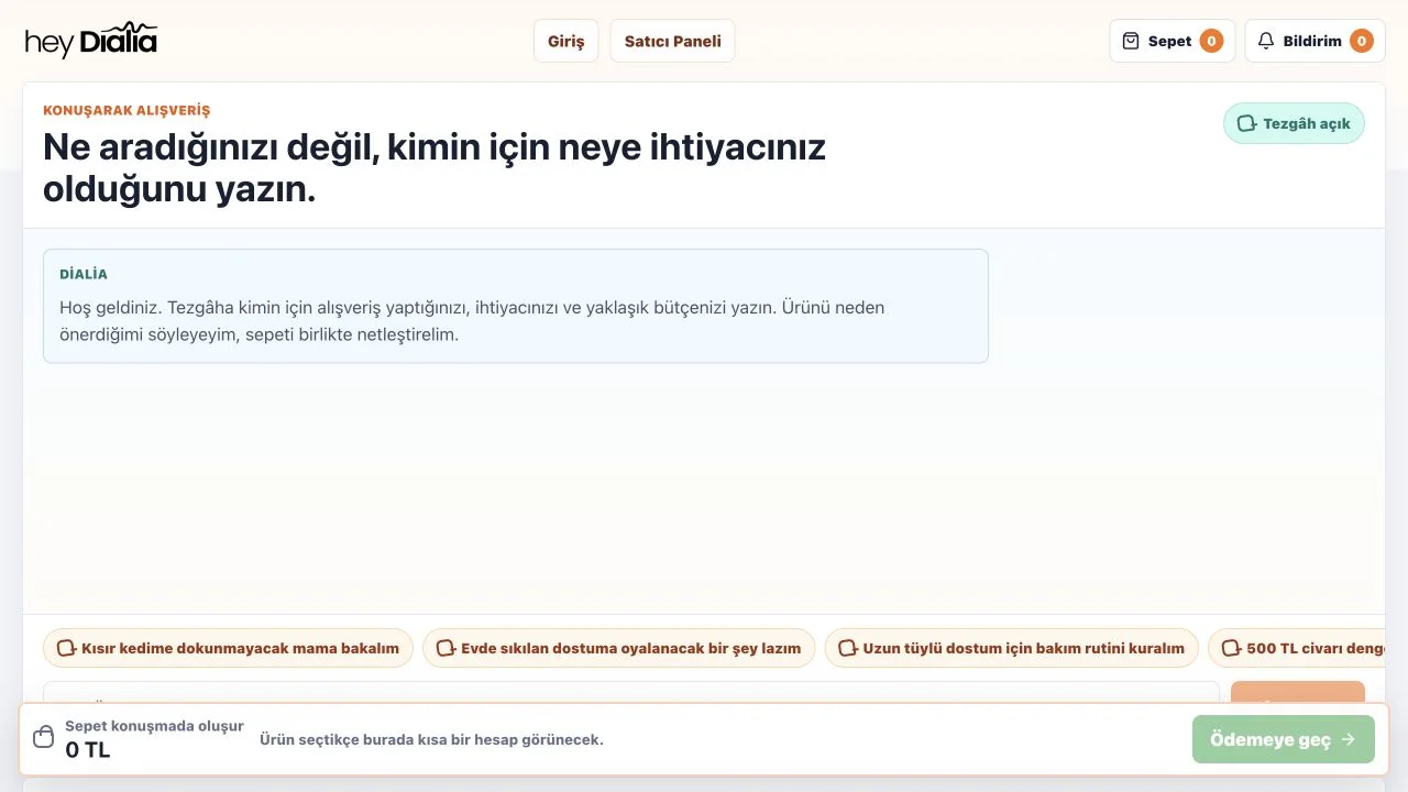 HeyDialia konuşmalı alışveriş ekranı